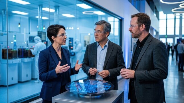 Industry analysts discussing silicon wafer capacity, advanced packaging, EUV lithography, and chiplet architecture in a modern conference hall.