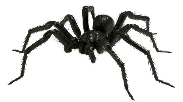 Isolated realistic black spider with bristly hairy legs, a terrifying creepy arachnid creature