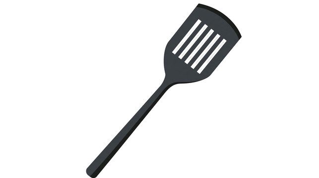 Isolated black kitchen spatula with slots, essential utensil for cooking and serving food