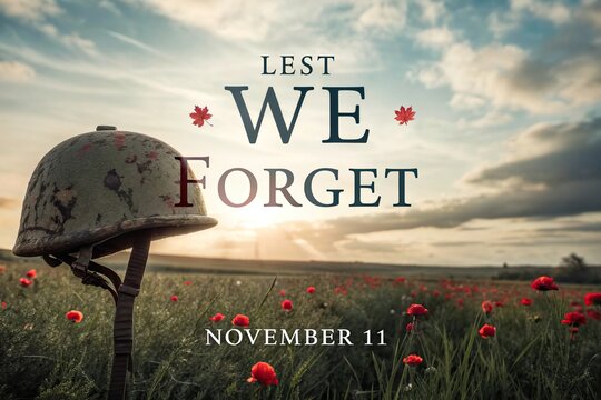 Remembrance Day November 11 Memorial Poster With Soldier Helmet And Red Poppies