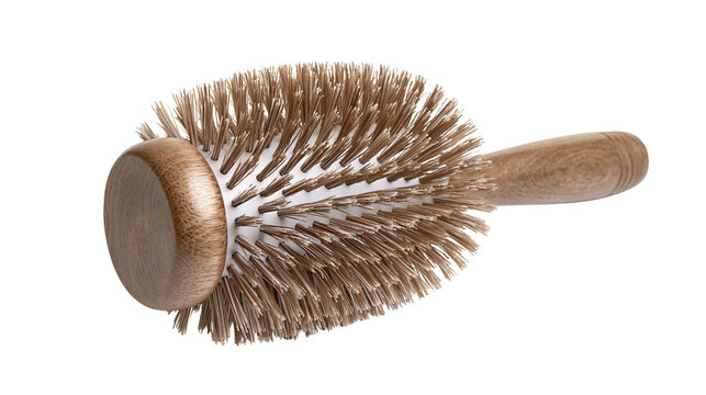 Isolated professional round hairbrush with natural bristles and a wooden handle for hair styling