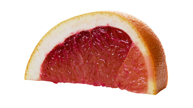 Isolated half slice of red grapefruit with vibrant juicy pulp on a clean backdrop