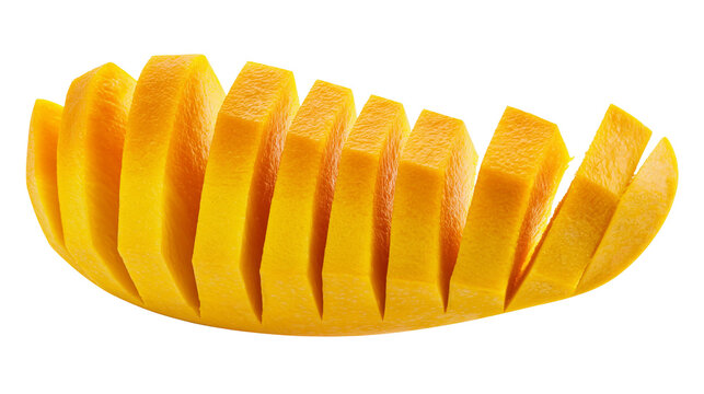 Isolated ripe yellow mango fruit cut in a unique way into multiple segments, fresh and delicious
