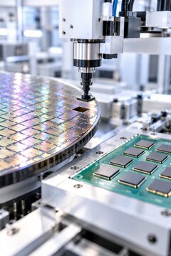 Close-up of Semiconductor Microchip Packaging Process. A Pick and Place Robotic Arm Extracts Chips from a Wafer and Attaches them to a Substrate in a Manufacturing Factory.