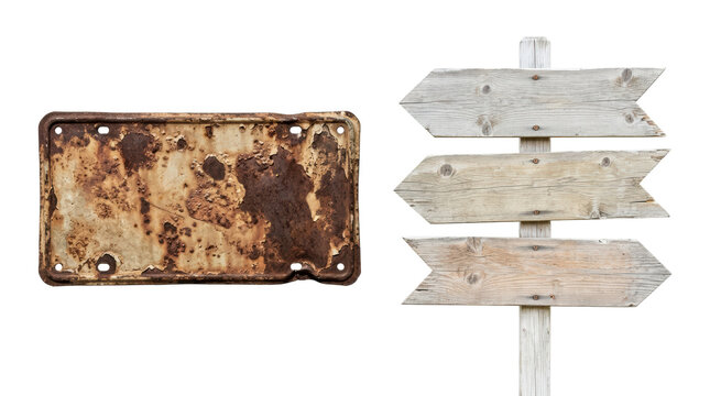 Rusted vehicle license plate and wooden directional signpost isolated on white background