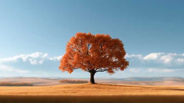 Lone red tree standing on golden hill under a clear blue sky with scattered clouds during a calm autumn day in open countryside
