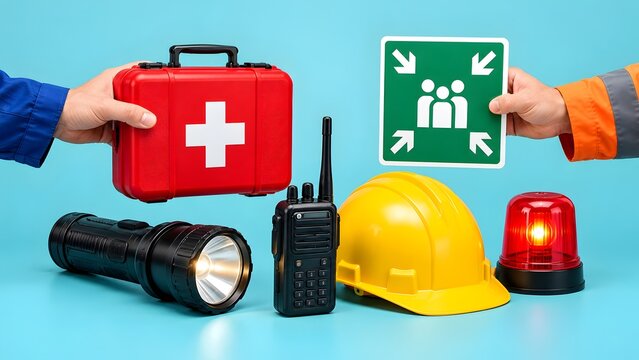 Industrial safety equipment and emergency response tools with first aid kit, assembly point sign, hard hat, radio, and siren on a blue background