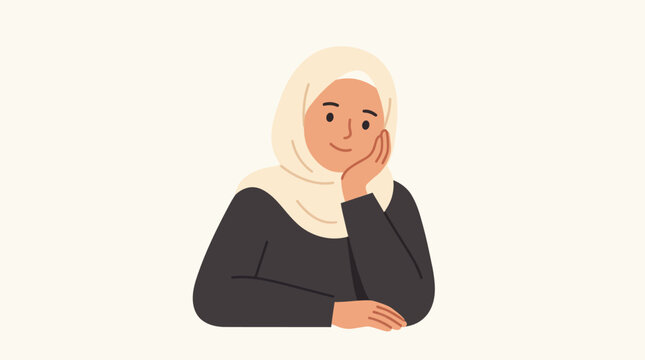 Charming Muslim Woman Illustration Minimalist flat vector character wearing a cream hijab and black outfit resting her chin on her hand ideal for educational materials, perfect for diversity.