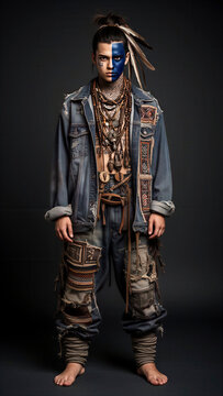 hombre tribal, moda alternativa, est&eacute;tica punk, retrato masculino, maquillaje azul, pintura facial, tatuajes geom&eacute;tricos, tatuajes corporales, cabello oscuro, peinado tribal, plumas, chaqueta de mezcl