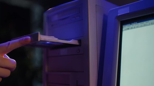 Retro computer tower close up, hand inserting floppy disk and opening CD ROM drive of old 90s desktop PC, vintage personal computer in office