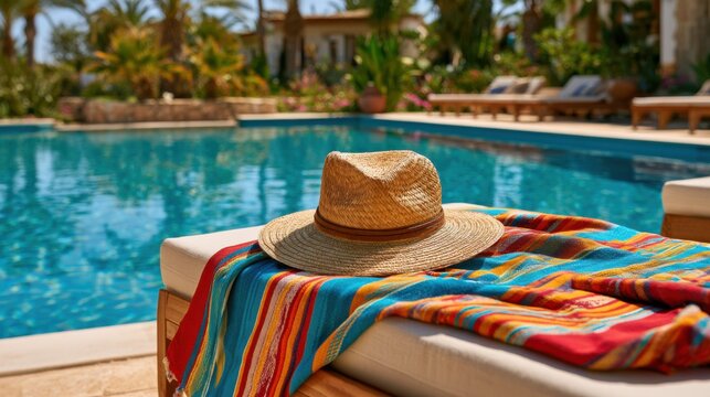 Elegant poolside scene with a straw hat and colorful towel on a lounger, reflecting tropical resort luxury.