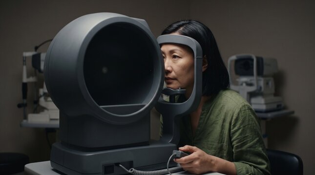 Adult woman completes an automated visual field test