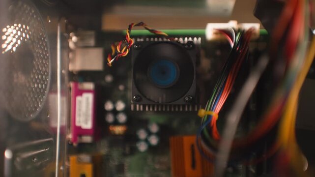 Retro computer hardware close up, motherboard and cables inside old 90s desktop PC, technician hands connecting wires during vintage computer repair