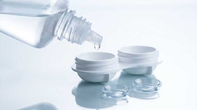 Clear saline solution dripping from a plastic bottle into an open white contact lens case with soft lenses nearby