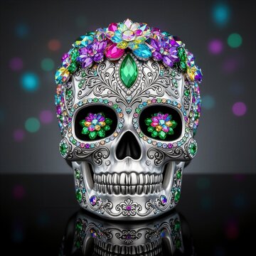 calavera decorativa, calavera de az&uacute;car, calavera mexicana, D&iacute;a de Muertos, arte mexicano, joyer&iacute;a art&iacute;stica, calavera de lujo, calavera plateada, piedras preciosas, gemas multicolores, cristales bril