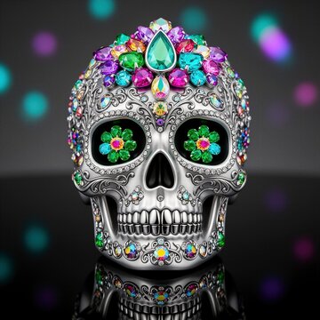 calavera decorativa, calavera de az&uacute;car, calavera mexicana, D&iacute;a de Muertos, arte mexicano, joyer&iacute;a art&iacute;stica, calavera de lujo, calavera plateada, piedras preciosas, gemas multicolores, cristales bril
