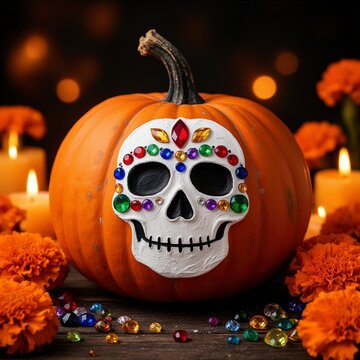 calabaza, calabaza naranja, calavera mexicana, calavera de az&uacute;car, D&iacute;a de Muertos, Halloween, decoraci&oacute;n de Halloween, decoraci&oacute;n oto&ntilde;al, calabaza decorativa, calabaza pintada, calavera blanca, calave