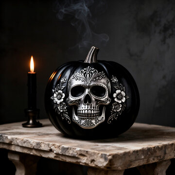 calabaza negra, calabaza decorativa, calavera mexicana, calavera plateada, D&iacute;a de Muertos, Halloween, decoraci&oacute;n de Halloween, calabaza de Halloween, calavera ornamental, calavera de az&uacute;car, arte g&oacute;ti