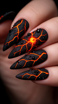 u&ntilde;as decoradas, nail art, u&ntilde;as negras, u&ntilde;as stiletto, u&ntilde;as largas, u&ntilde;as puntiagudas, dise&ntilde;o de u&ntilde;as, manicura art&iacute;stica, u&ntilde;as efecto lava, u&ntilde;as volc&aacute;nicas, efecto magma, grietas de lava, fuego, lava i
