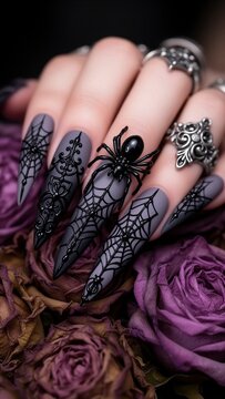 u&ntilde;as Halloween, u&ntilde;as decoradas, nail art, u&ntilde;as g&oacute;ticas, u&ntilde;as stiletto, u&ntilde;as largas, u&ntilde;as puntiagudas, manicura art&iacute;stica, dise&ntilde;o de u&ntilde;as, telara&ntilde;as, ara&ntilde;a negra, ara&ntilde;a decorativa, manicura Halloween, 