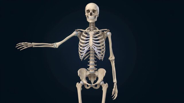 Human skeleton anatomy animation showing bones and joints on dark background. Medical education concept covering skeletal system, orthopedic study and human body structure