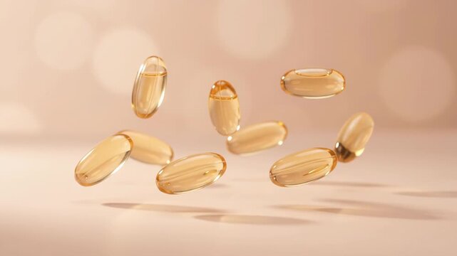 Floating golden softgel capsules on warm beige abstract background. Dietary supplement, medicine and wellness concept with clean healthcare copy space