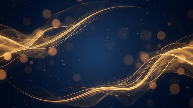 Abstract golden light waves flowing across dark blue background with glowing particles and bokeh. Elegant motion backdrop for luxury, technology and celebration visuals