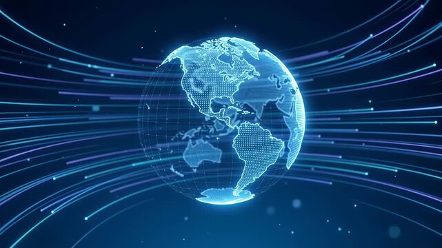 Abstract glowing digital globe with flowing network lines on blue background. Global connectivity, worldwide communication, technology and data concept