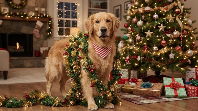 Golden Retriever dog standing beside decorated Christmas tree and wrapped presents in cozy living room. Festive holiday pet scene with garland, fireplace and family decor