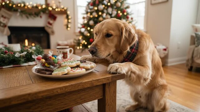 Golden retriever sniffing Christmas cookies on table in cozy decorated living room. Concept of holiday temptation, festive pet behavior and family celebration