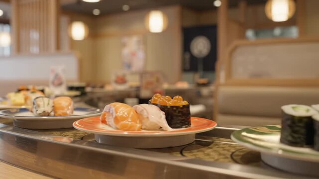 Sushi plates moving along conveyor belt in Japanese restaurant. Fresh salmon sashimi and nigiri near dining counter, concept of casual dining and cuisine