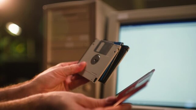 Floppy disk in hand, retro 3.5 inch diskette in front of old computer, vintage 90s data storage, save icon and nostalgia for old technology