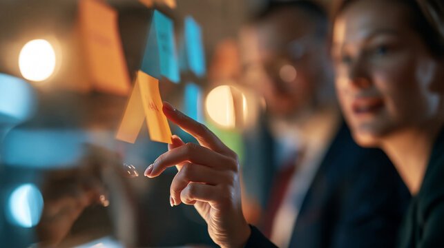 Faceless team members collaborating in an agile project meeting, placing colorful sticky notes on a glass wall, with copy space