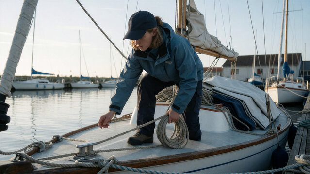 Eine Hafenmitarbeiterin kontrolliert die Festmacherleine und die Decksbeschl&auml;ge eines Segelboots vor Beginn der neuen Wassersportsaison