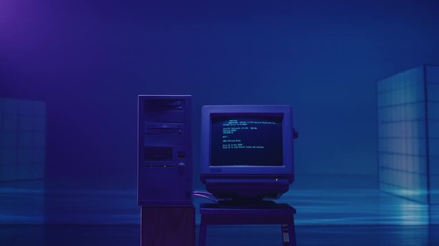 Retro computer with code on screen, vintage desktop pc with crt monitor showing programming text, old 90s computer in dark room, coding and ai concept