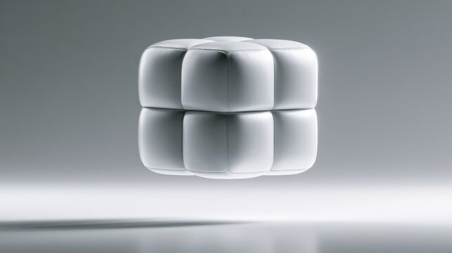 Futuristic floating white cube composed of soft rounded cushions with seamless stitching in a minimalist gray environment with subtle shadow beneath