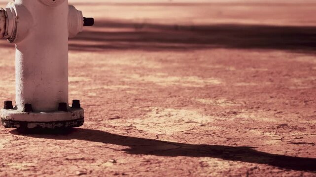 Metal fire hydrant sitting on parched brown soil with deep cracks in the ground during a sunny afternoon while casting a long dark shadow across the dry landscape
