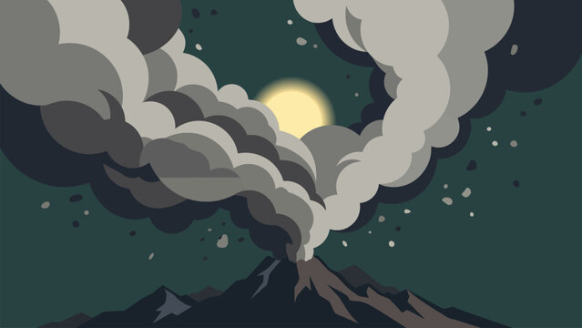 Active volcano mountain spewing thick dark ash cloud and smoke into moonlit sky. Flat vector illustration for natural disaster warning, geological hazard, and nature landscape banner.