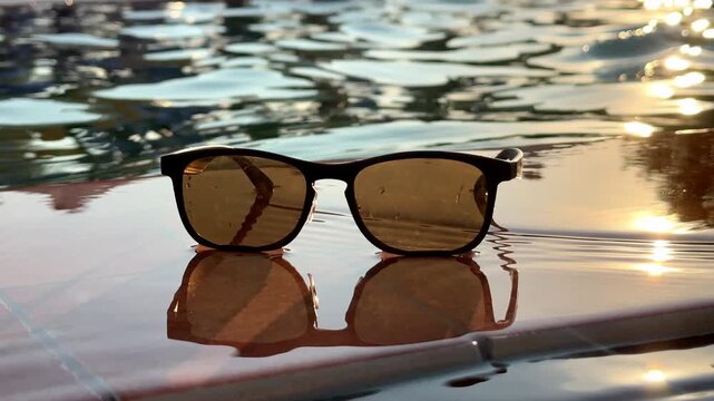 Sunglasses at the edge of a swimming pool