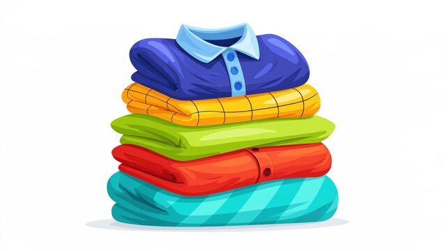 Stack of colorful folded shirts including blue collared polo and various bright casual tops neatly arranged on white background for laundry or wardrobe concept