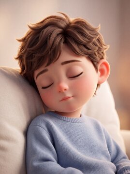 Stylized 3D Character Illustration of a Young Boy Resting with Closed Eyes