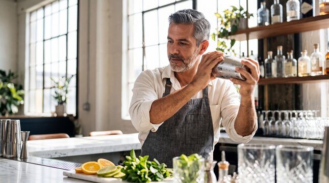 Hispanic Bartender Crafting Cocktail in Sunlit Modern Bar Atmosphere