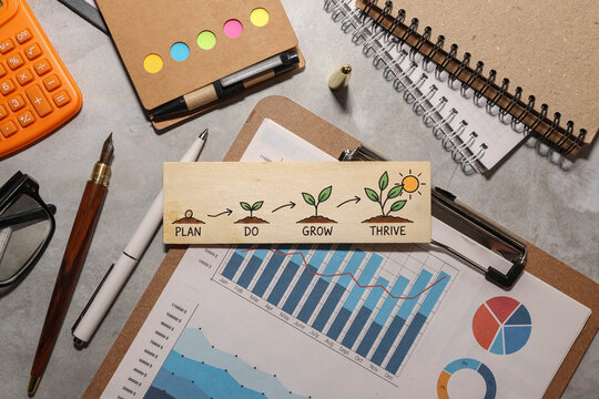 Plan Do Grow Thrive Sustainable Business Growth and Development Strategy Concept on Wooden Sign.