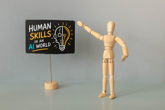 Human Skills in an AI World Concept with Wooden Mannequin and Chalkboard About Future of Work.