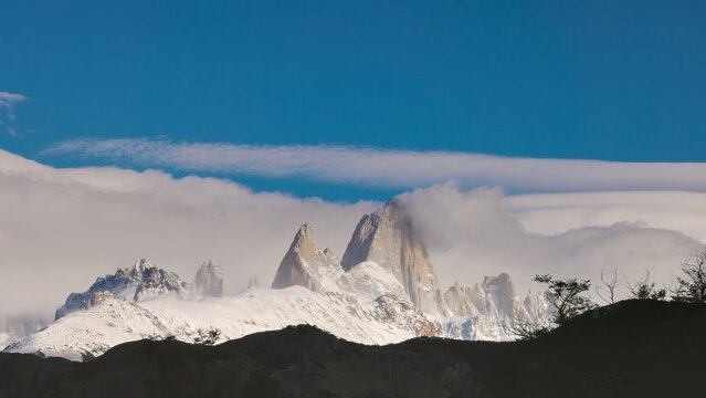 a wide shot of monte fitz roy early on an autumn morning in el chalten of patagonian argentina