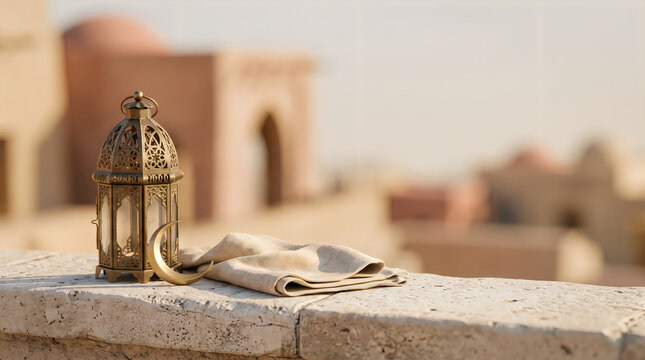 Beautiful ramadan lantern with a book on a stone ledge against an ancient desert building