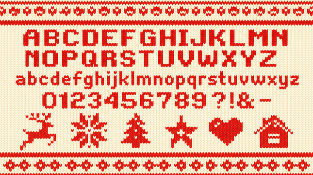 Winter sweater font. Knitted christmas sweaters letters, knit jumper xmas pattern and ugly sweater knits. Norwegian holiday knit sweater abc and number, new year jumper vector illustration signs set
