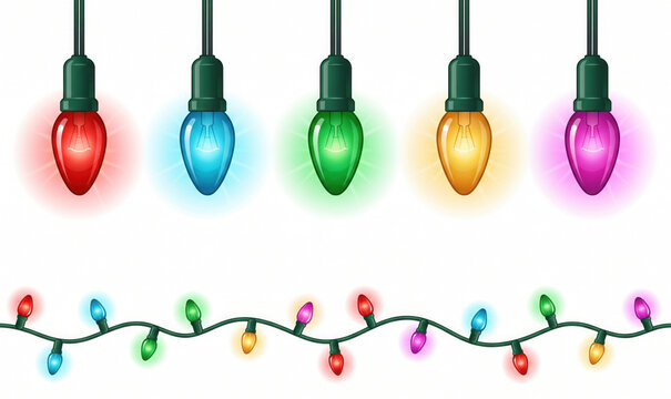 Vector realistic glowing colorful christmas lights in seamless pattern and individual hanging light bulbs isolated on white background