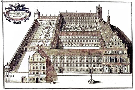 The Jesuit College in Munich, copperplate engraving by Merian in Topogr. Bavariae, Germany, digital reproduction of an original from the 19th century, original date unknown