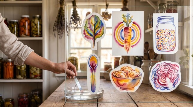 Hand dipping a holographic test strip into a water dish behind a glass board in a rustic pantry with colorful watercolor illustrations of a dumpling bowl, rainbow grains, cabbage, and lea